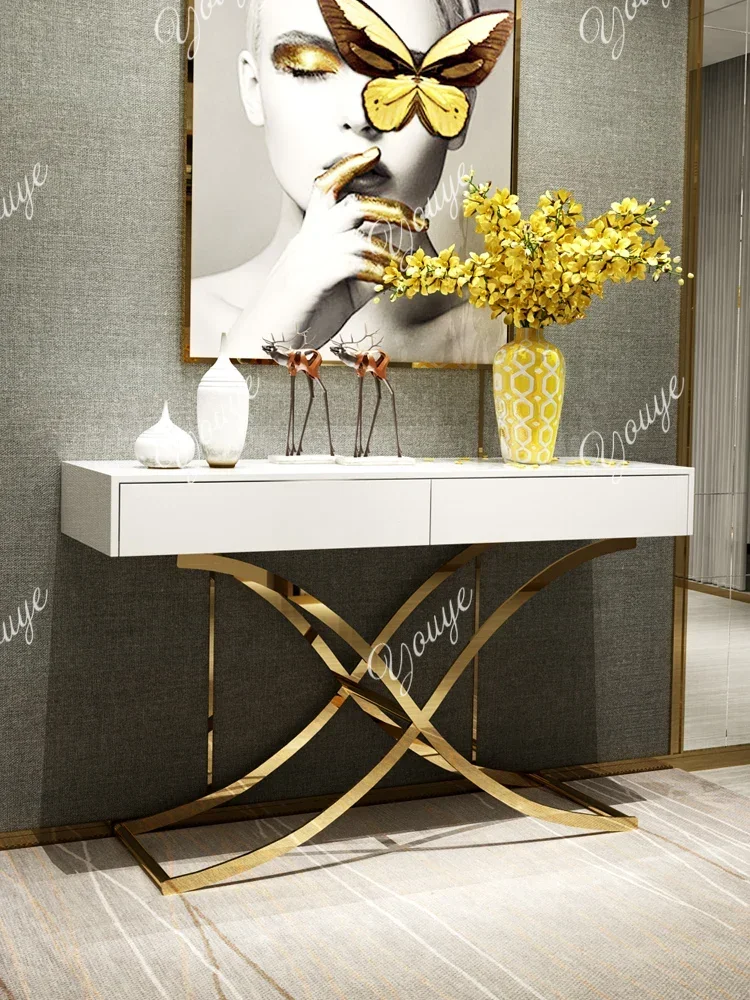 

Light luxury solid wood entrance table White paint decorative cabinet with drawers Metal entrance cabinet