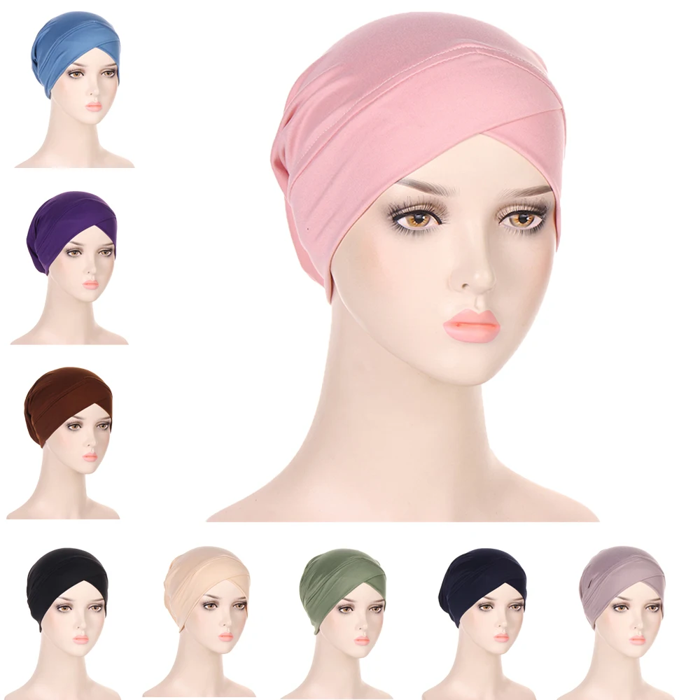 

Women Muslim Hijab Headscarf Inner Hijab Caps Ladies Islamic Cross Headband Turban Headwrap Hairband Women Muslim Hijab Scarf