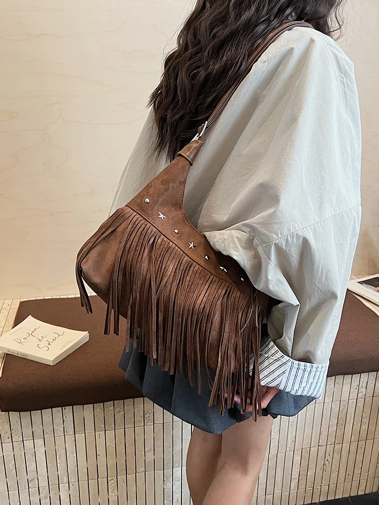 

Tassel Women's Bag 2025 Autumn New Shoulder Fashionable Retro Niche Solid Color Shoulder Cross Bags