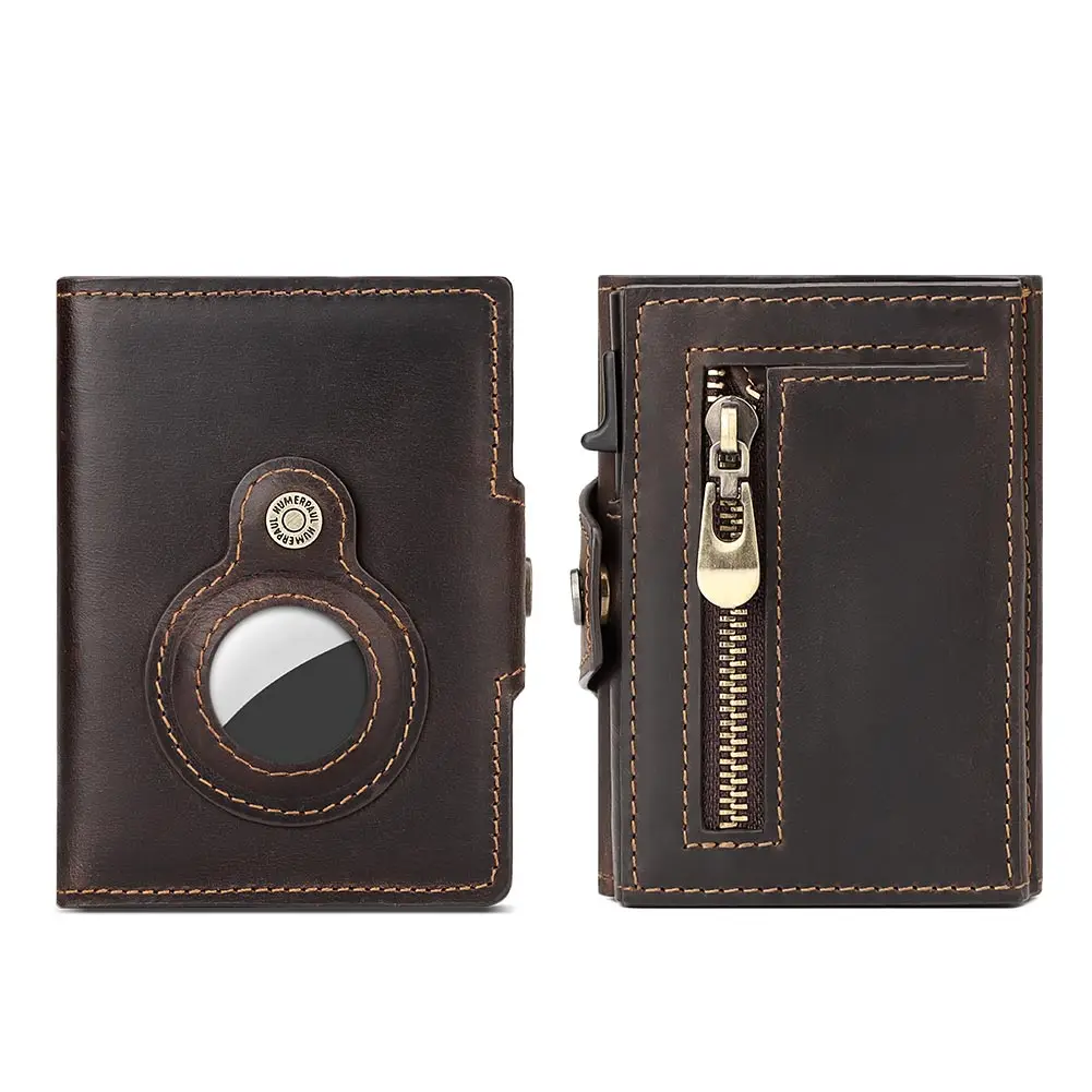 Crazy Horse Leather Apple AirTag Credit Card Holder RFID Protection Pop Up Wallet with Compartment for Notes and Coin Quality