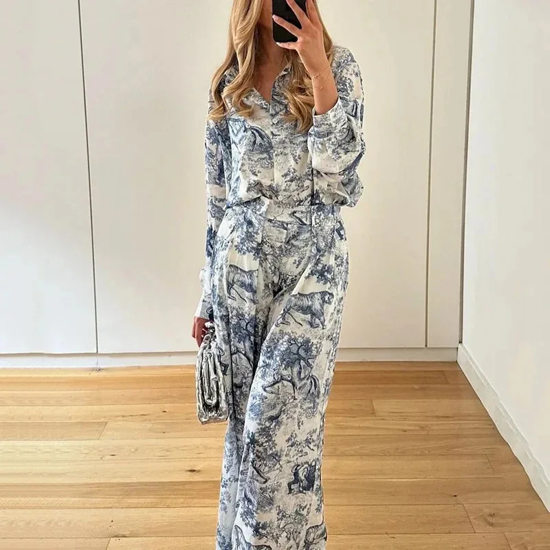 Two Piece Set Women Outfit 2025 Spring New Turn-Down Collar Long Sleeved Loose Shirt Top & Casual High Waist Wide Leg Pants