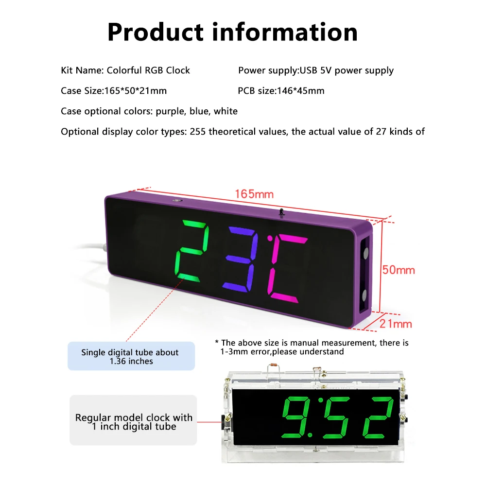 DIY Electronic Clock KIT Colorful LED Microcontroller Kit Digital Clock Time Electronic Soldering Assembly White/Purple/Blue