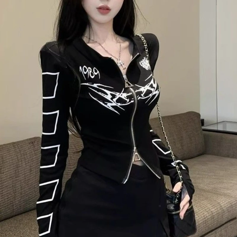 

Y2k американская винтажная короткая куртка с длинным рукавом и воротником-стойкой, женское повседневное тонкое пальто с принтом на молнии, уличная одежда в стиле ретро, осень 2023 г.