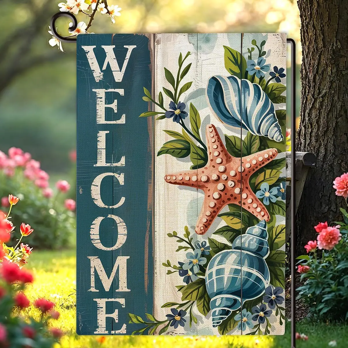 Welcome Summer Ocean Garden Flag Double Sided Blue Beach Burlap House Flag Outdoor Seasonal Decorations for Yard Porch Patio yyi