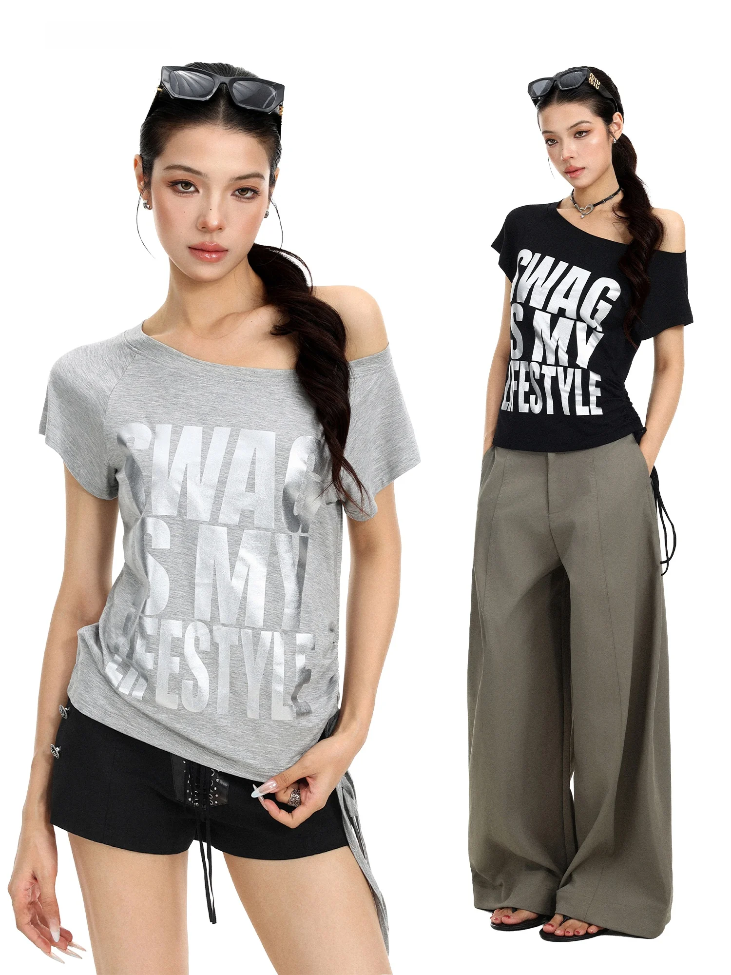 American Style Shiny Letter Slant Shoulder Short Sleeve T-Shirt Women Summer Shoulder Bared Pleated Slimming Sexy Short Top