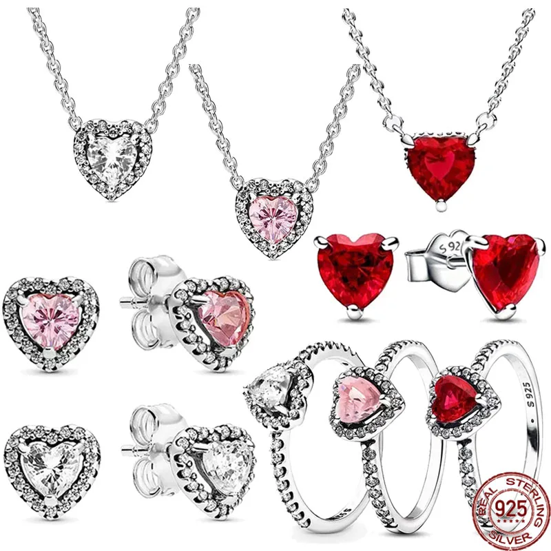 New Exquisite Shining Heart Series 925 Sterling Silver Light Luxury Heart Ring Necklace Earrings Charm Women's Jewelry Set Gift