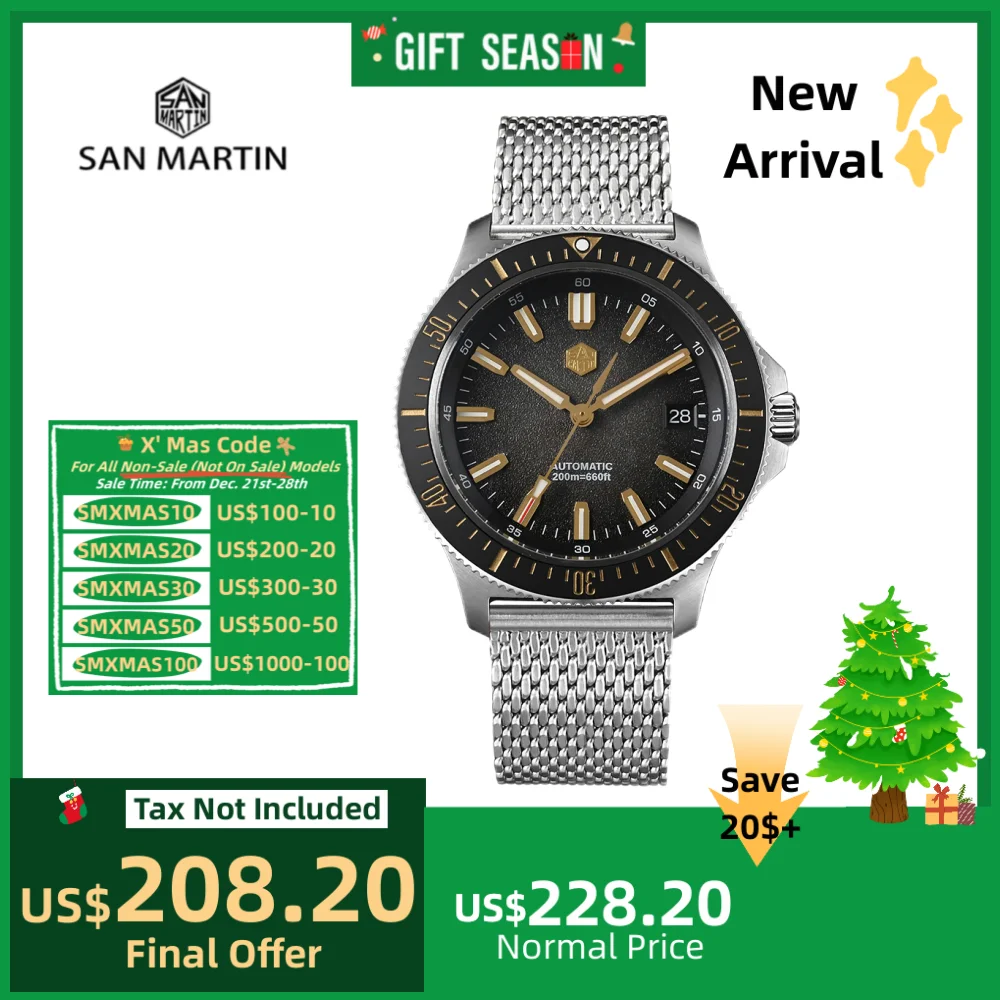 

San Martin 40mm NH35 Automatic Mens Diving Watch 3H Date Mesh Bracelet Sapphire 20Bar BGW-X1 Blue Luminous Fashion SN0118-1