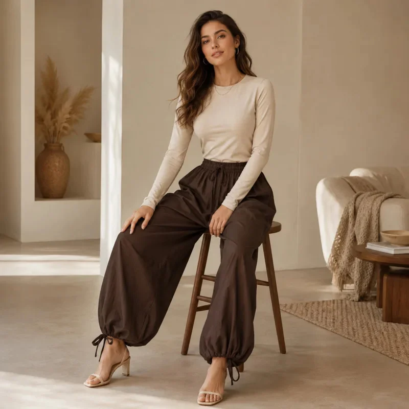 Women High Waist Harem Pants Viscose Drawstring Loose Balloon Trousers Elastic Cuff Autumn Casual Boho Streetwear Brown Blue New