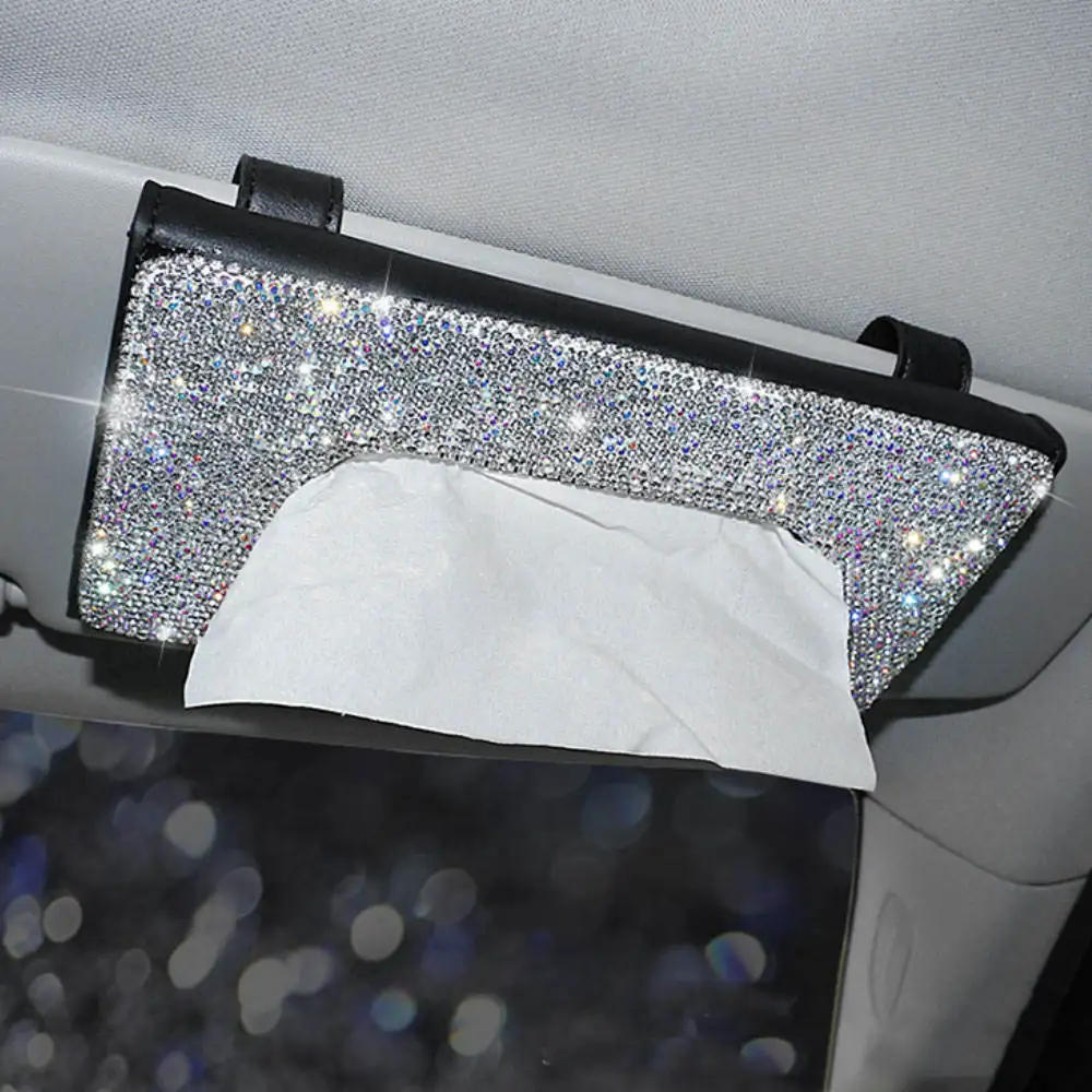 Car Sun Visor Tissue Box Holder Bling Crystals Cover Case Clip PU Leather Backseat Tissue Case Auto Accessories for Women