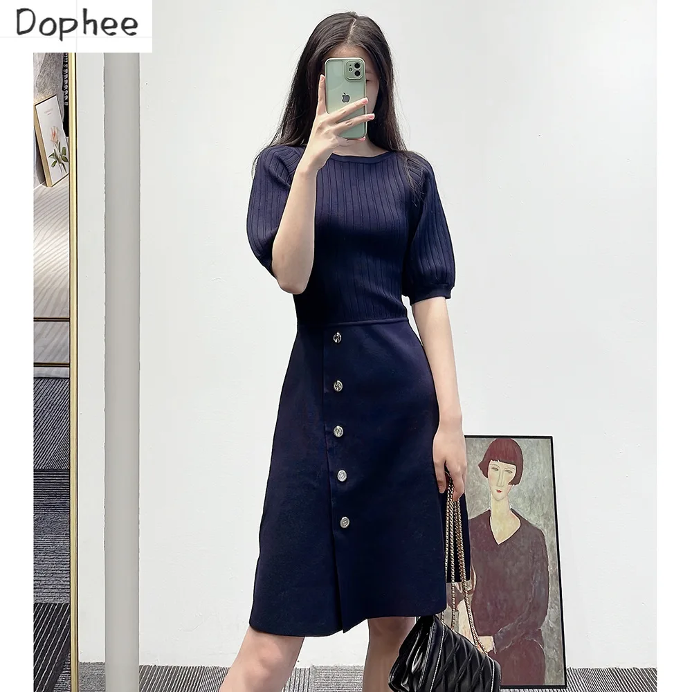 

High Quality New Fashion Autumn High Wiast A-line Dress Elegant Short Sleeve Patchwork Single-breasted Lady Slim Knitted Dresses