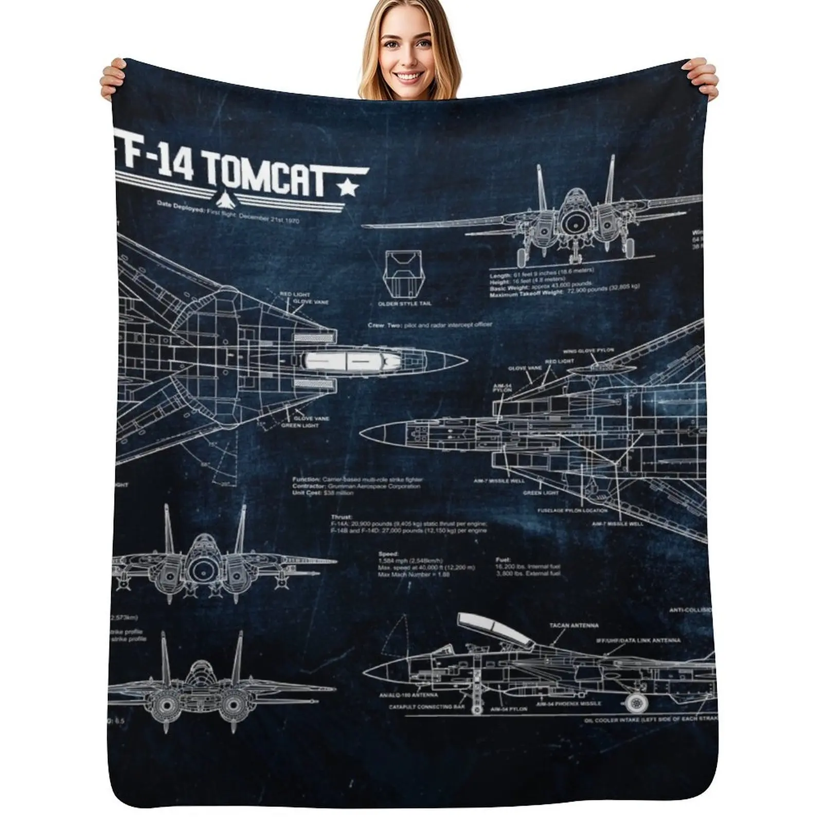 

Tomcat F-14 Blueprint Tapestry USAF Navy Throw Blanket Warm Accent Blanket for Living Room Decoration