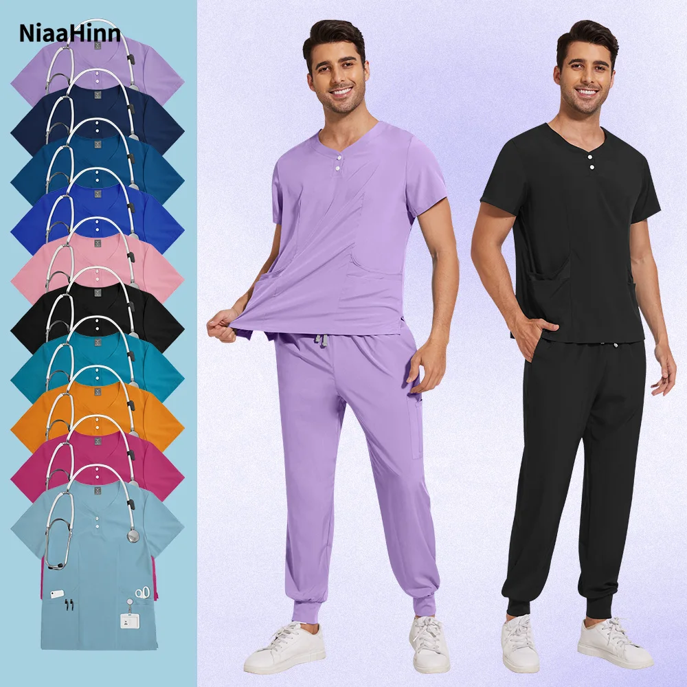 Niaahinn Stretch Scrubs Set Medical Uniforms Scrub Tops with Pocket Pants Nurse Uniform Doctor Surgery Set Beauty Salon Workwear