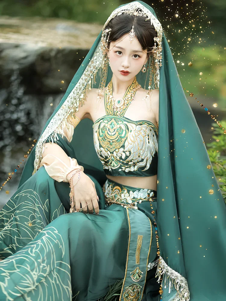 Guo Huang-disfraz de princesa voladora para niñas, traje de baile Hanfu de estilo exótico con bordado verde, Conjunto de 6 piezas, traje chino antiguo