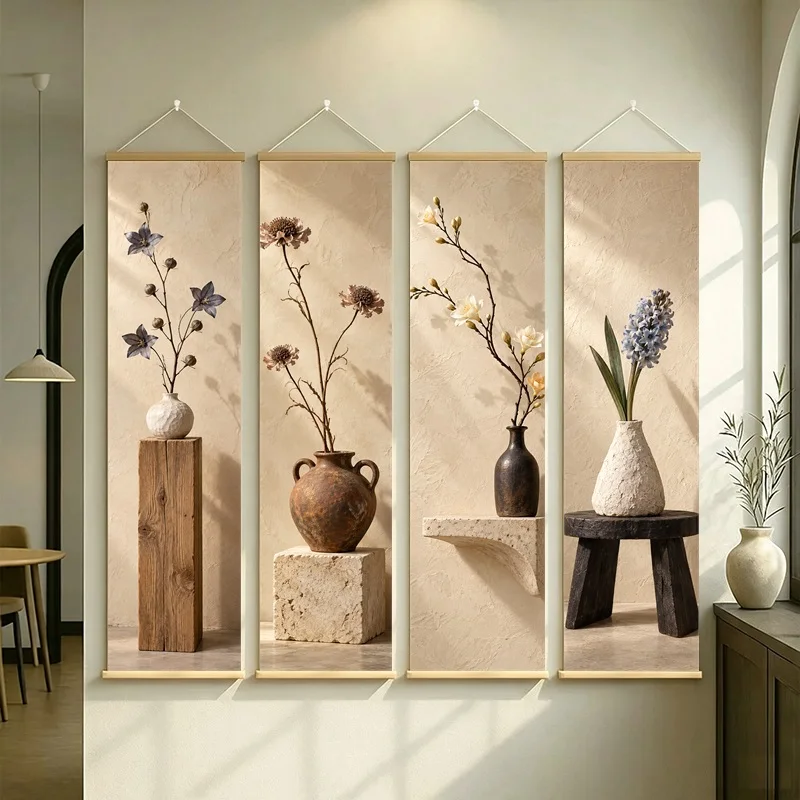 Wall Art Preserved Hyacinth and Preserved Balloon Flower, Wabi-Sabi Silver Shimmer Canvas Hanging Scroll for Japandi Living Room