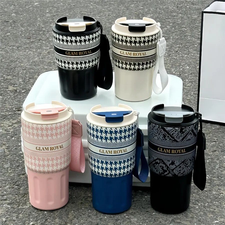 

New Creative Plaid Print Insulated Cup for Girls Simple Stainless Steel Coffee Cup Portable Handheld Water Bottle