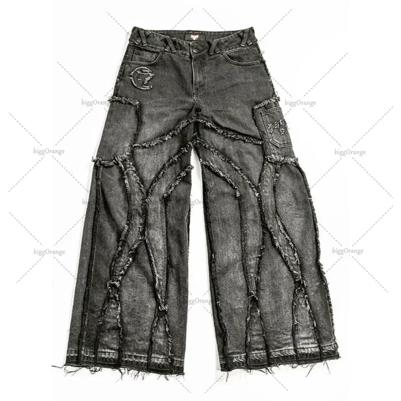 

New Frayed Edges distressed Washed Gothic Jeans 2024 New Fashion Casual Punk Rock Loose Wide Leg Pants Men's Streetwear