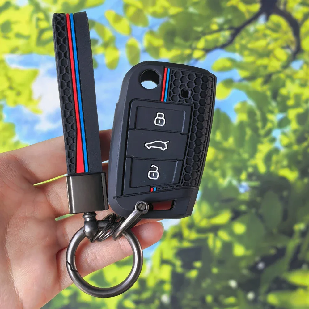 Silicone Key Case With Keychain for VW Golf7 MK7 Tiguan MK2 T‑roc T‑cross Skoda Octavia Kodiaq Karoq Seat Ateca Leon Fob Cover