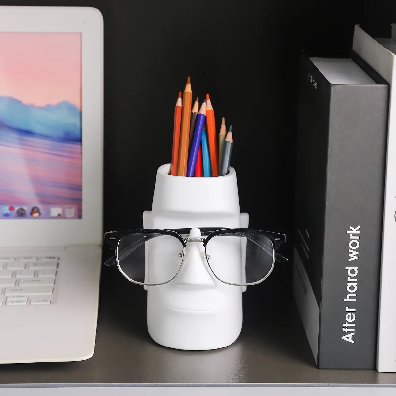 Suporte Multifuncional para Canetas em Formato de Moai, Organizador de Mesa em Resina com Cabeça de Pedra da Ilha de Páscoa para Armazenamento de Material de Escritório e Exibição de Óculos