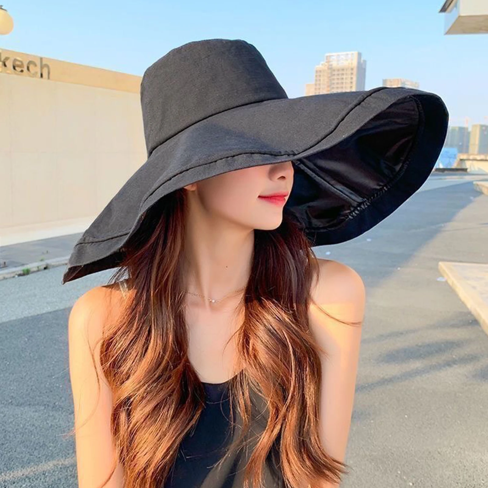 Ladies Sun Protect Hat For Beach 13cm Large Brim With Styling Aluminum Wire Sun Hat With Cover Uv Block Ladies Summer