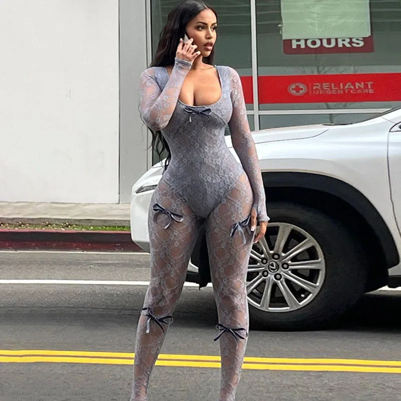 

Сексуальные прозрачные кружевные комбинезоны, женские комбинезоны-футляры с длинным рукавом и высокой талией, женские комбинезоны для вечеринок в ночном клубе, цельный комбинезон
