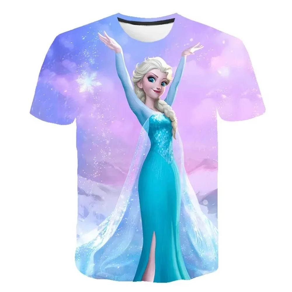 2025 Disney Frozen 3D Printed Elsa Anna T-shirt New Summer Cartoon Print Girls Tops Beautiful Queen Elsa Short Sleeve Tops Hot