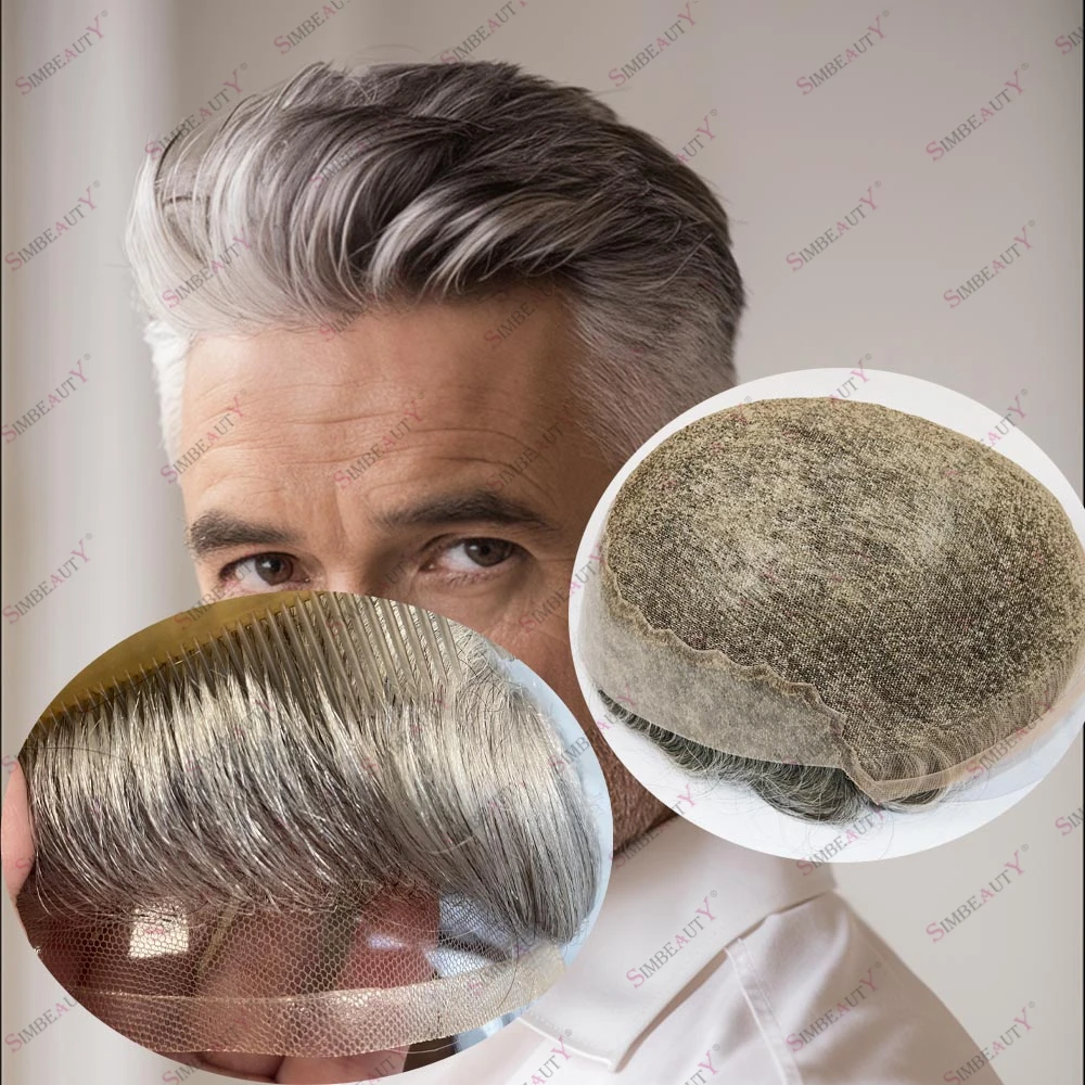 

Невидимый парик-накладка для мужчин с натуральной линией роста волос, на основе из полиуретана, с дышащим швейцарским кружевом, цвет 1b80 1b65 (соль и перец)