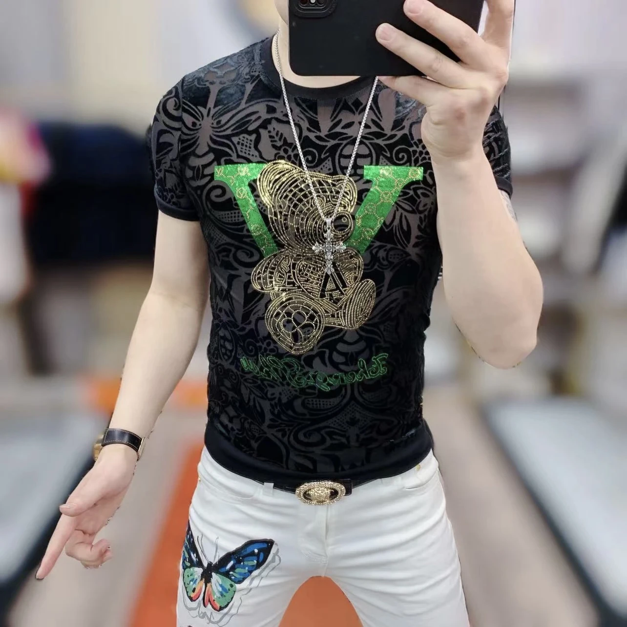 

Летний топ Slim Fit с коротким рукавом, золотой бархатной вышивкой и стразами, круглый вырез, молодежный стиль, дышащий, легкий