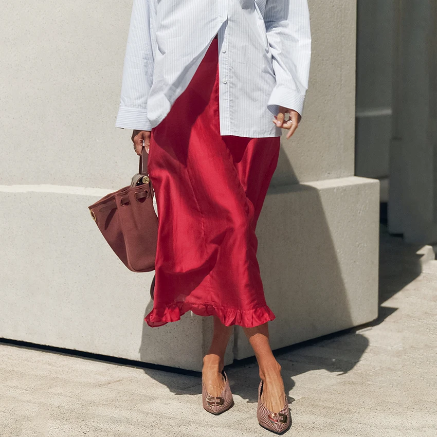 Linad Street Chic Red Long Trumpet Skirts For Woman 2026 Autumn Vintage Loose High Waist Skirts Casual Ruffles Mid Calf Skirt