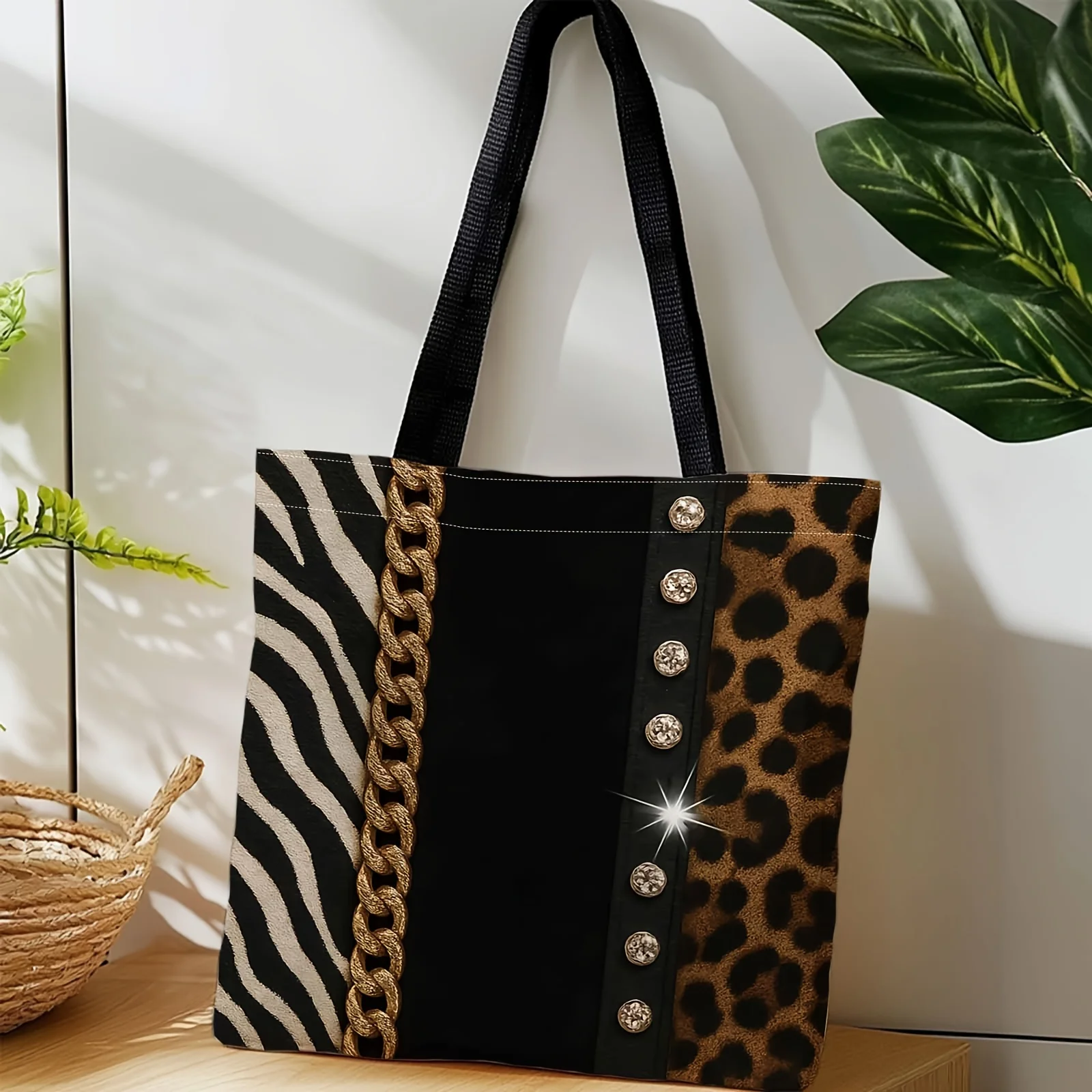 1pc Large Capacity Durable Tote Bag-Golden Chain Leopard Print Zebra Printfor Travel, Daily Shopping Spring Outings Storage Bags