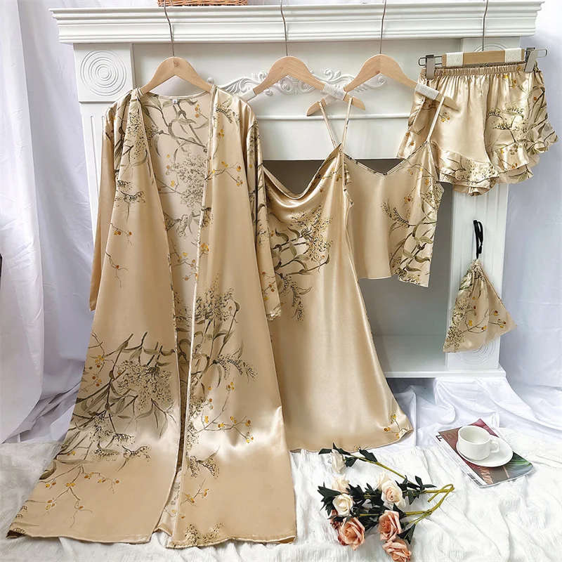 Elegancki nadruk kwiatowy piżama 5 częściowy zestaw damski Casual szlafrok Kimono suknia seksowna jedwabista koszula nocna ze sztucznego jedwabiu luźne ubrania domowe