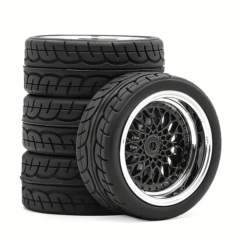 4PCS 65mm Drift Tires & Wheels, High Grip Flat Run Set for 1/10 On-Road RC Car Tamiya TT02 XV01 WRC 5