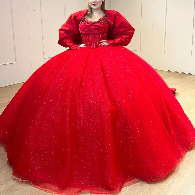 Red Sparkly Quinceanera Dresses Ball Gown 2024 Off Shoulder Beading Bow Corset vestido 15 años quinceañera Lace-up Sweet 16