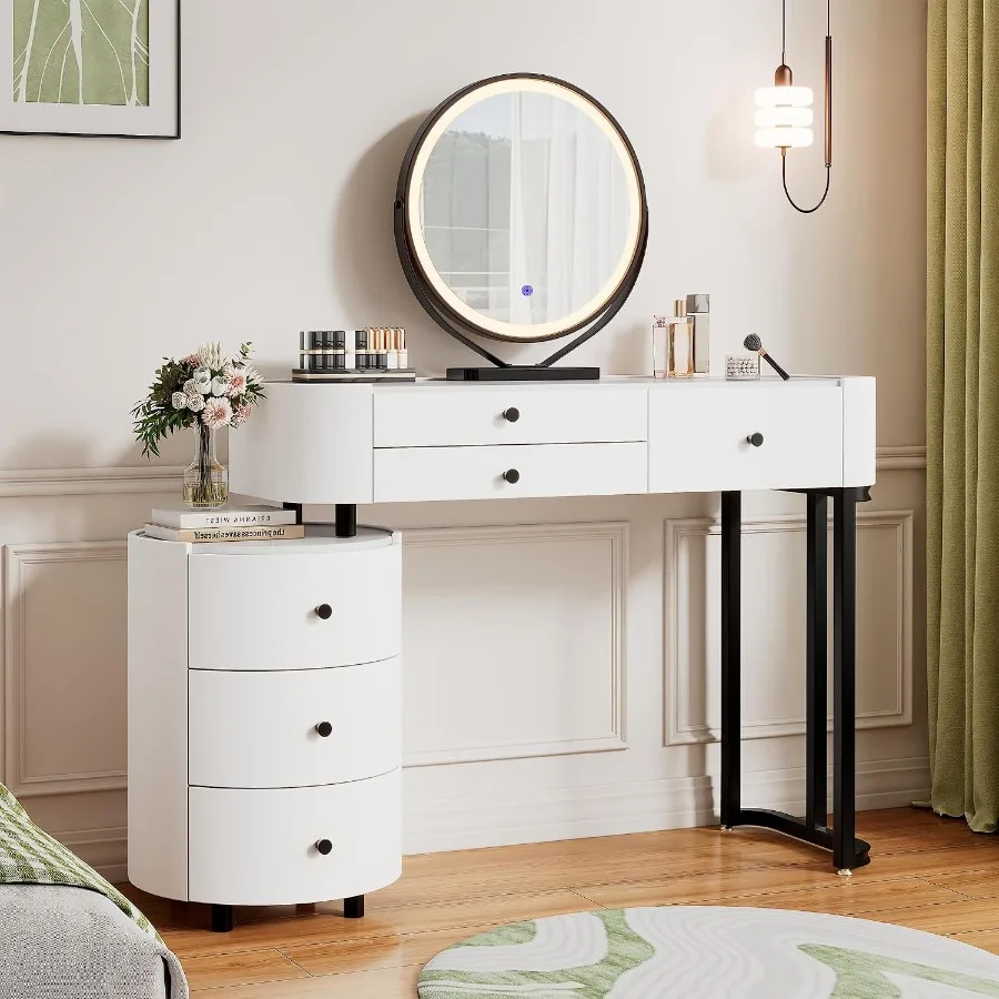 Modern Vanity Desk with Mirror and Lights Faux Leather Makeup Vanity with 5 Drawers Round Reversible Side Cabinet for Small Spa