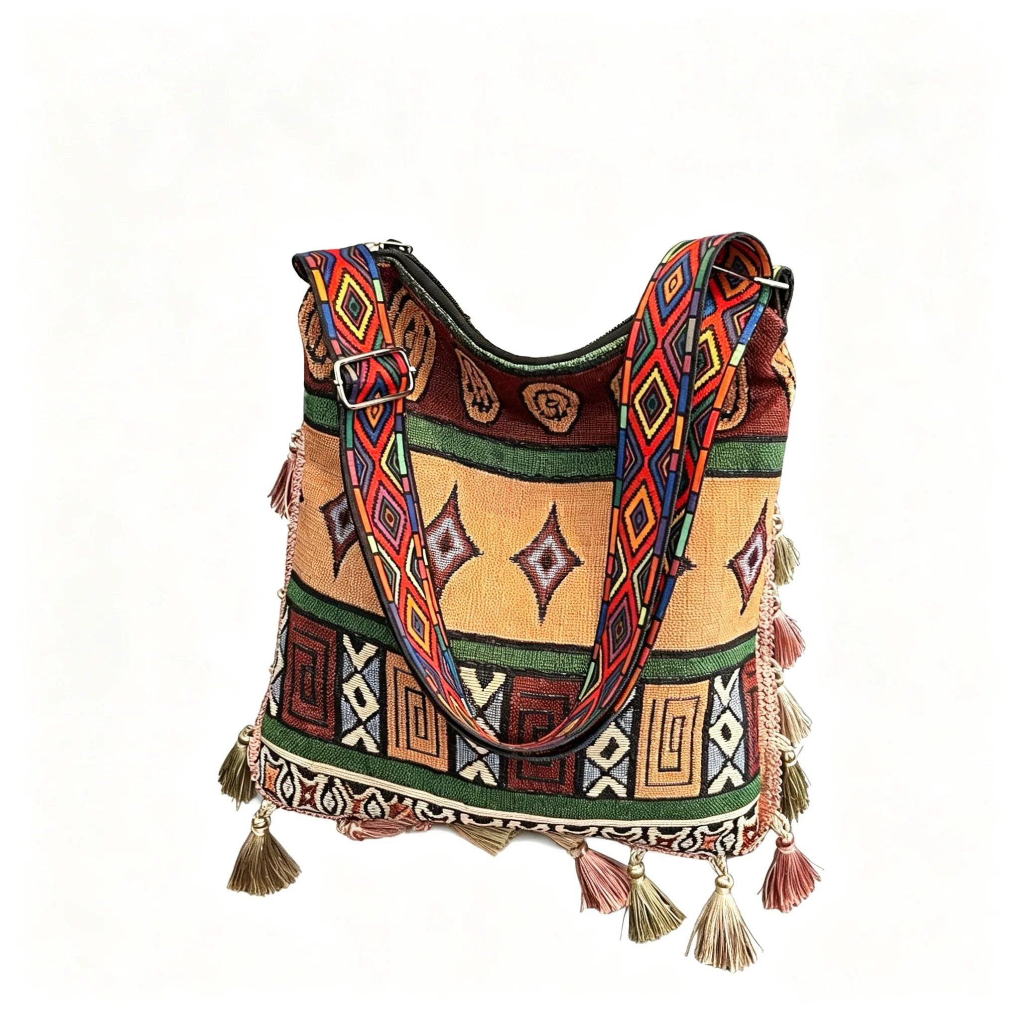 Blue Red Bohemian Tassel Ethnic Geometric Woven Crossbody Bag Boho Chic Large Capacity Hobo Shoulder Tote Purse For Girls Women