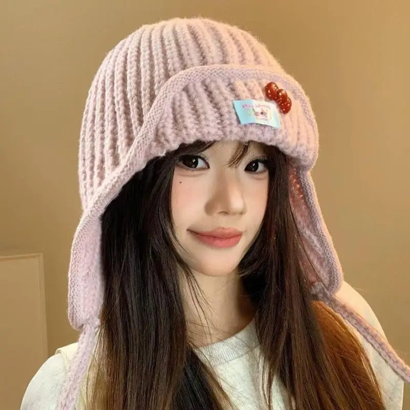 Warm Cozy Knitted Ear Flap Hat Cute Cherry Decor Perfect Winter Outdoor Wear Women Teen Girls