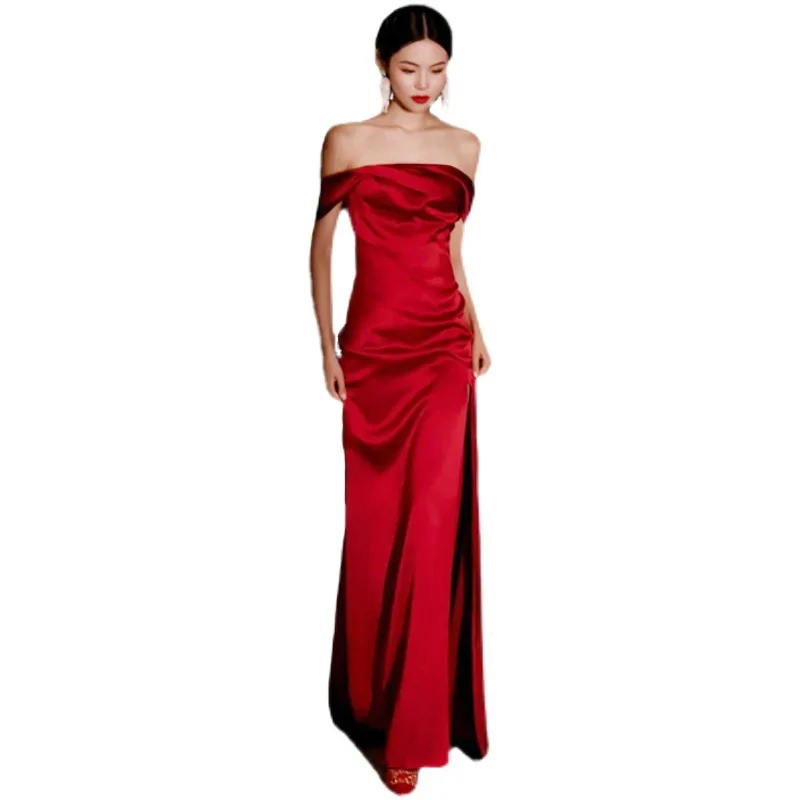 Women Burgundy Satin Mermaid Tailing Evening Dresses 2022 Sexy Off-shoulder Prom Formal Party Gowns Toast Clothing