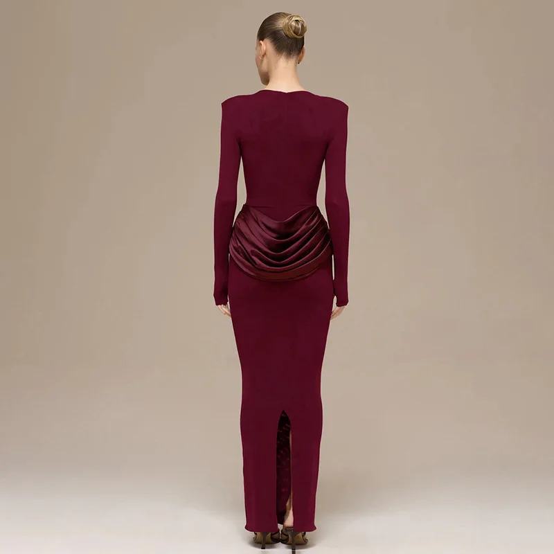 Gaun Maxi Klasik Wanita Musim Gugur Baru Lengan Panjang Kerah O Satin Sambungan Membentuk Tubuh Vestidos Mujer Gaun Pesta Malam Trendi