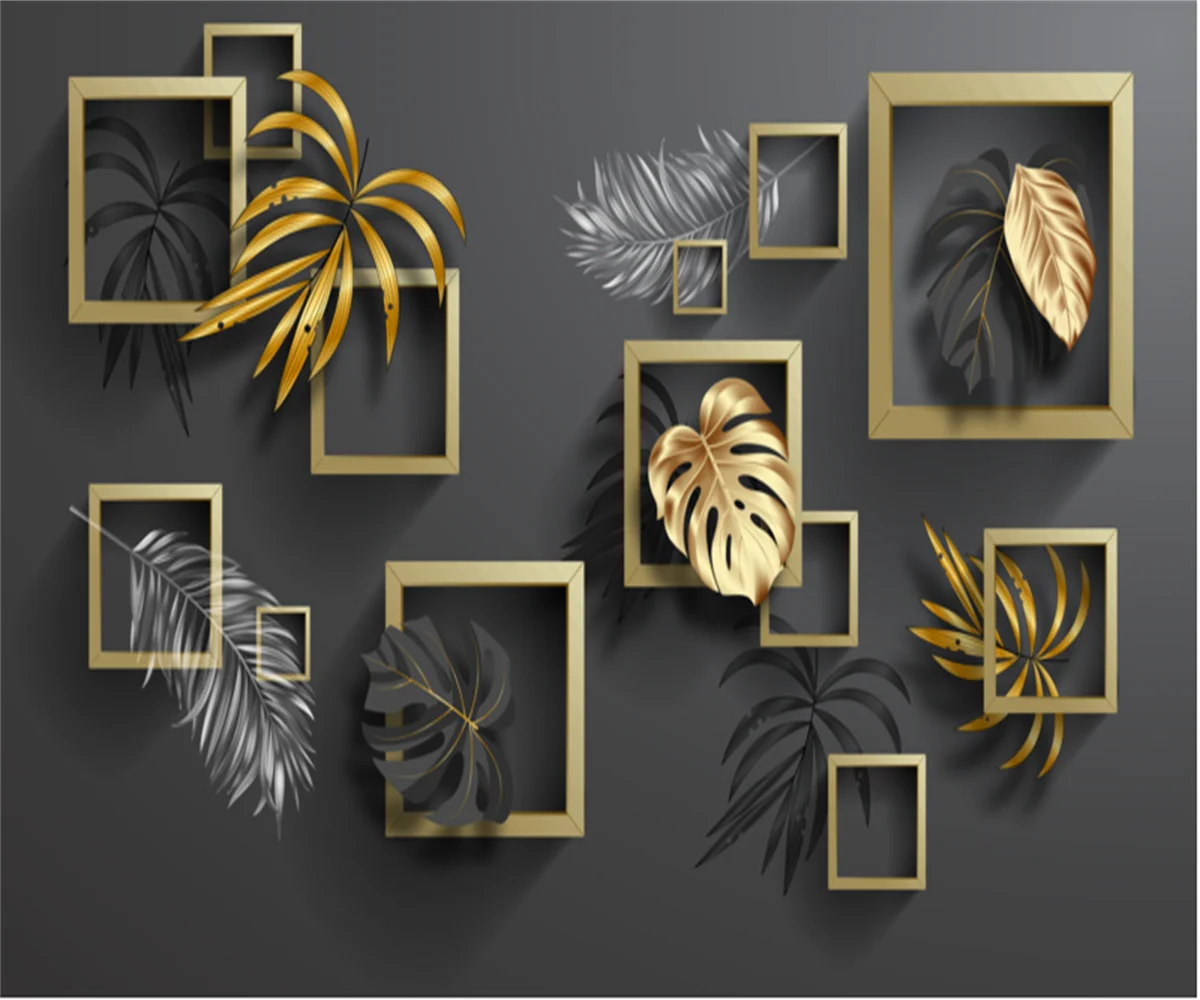 Custom size wallpaper Nordic modern minimalist golden tropical plant leaves 3d stereo TV background wall mural 3d wallpaper