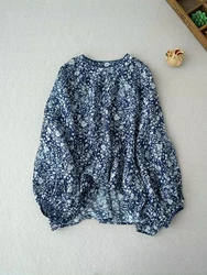 126cm Bust / Spring Summer Women Loose Sweet Floral Print Comfortable Water Washed Thin Ramie Pullover Shirts/Blouse