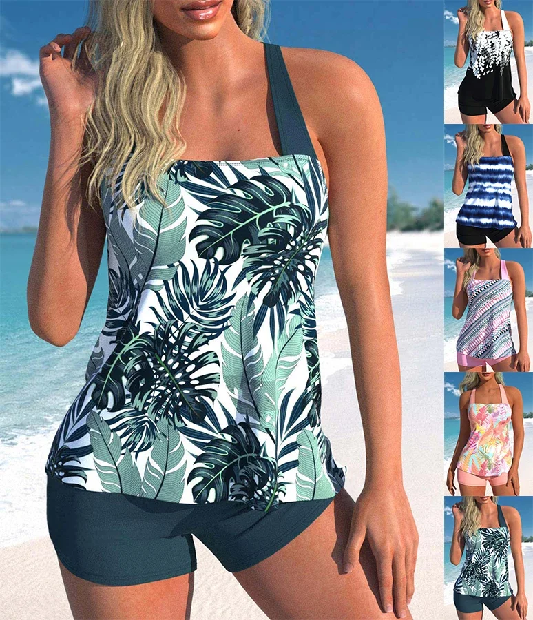 High Quality Design Sexy Women's Bikini Pool Swimsuit Retro Fresh Leaf Print Hanging Neck Strap Swimsuit S-6XL