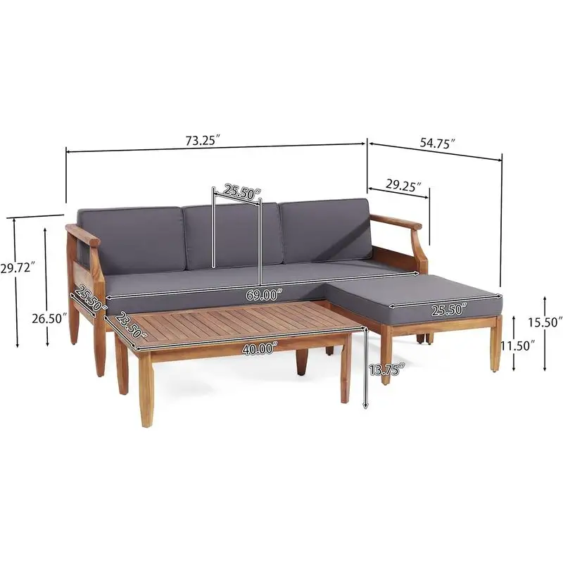 3-Sitzer-Sofa-Chat-Set aus Akazienholz mit Ottomane, Gartenmöbeln für Terrasse, Balkon oder Terrasse