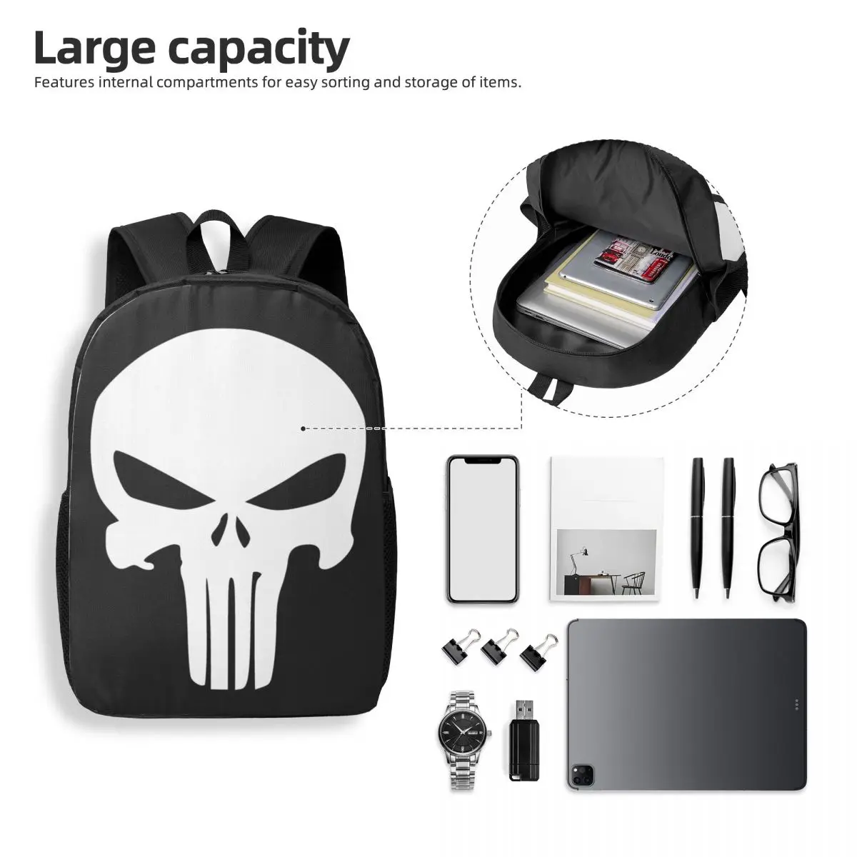 Custom Punisher Skeleton Backpacks for Women Men College School Student Bookbag Fits 15 Inch Laptop Skull Bags