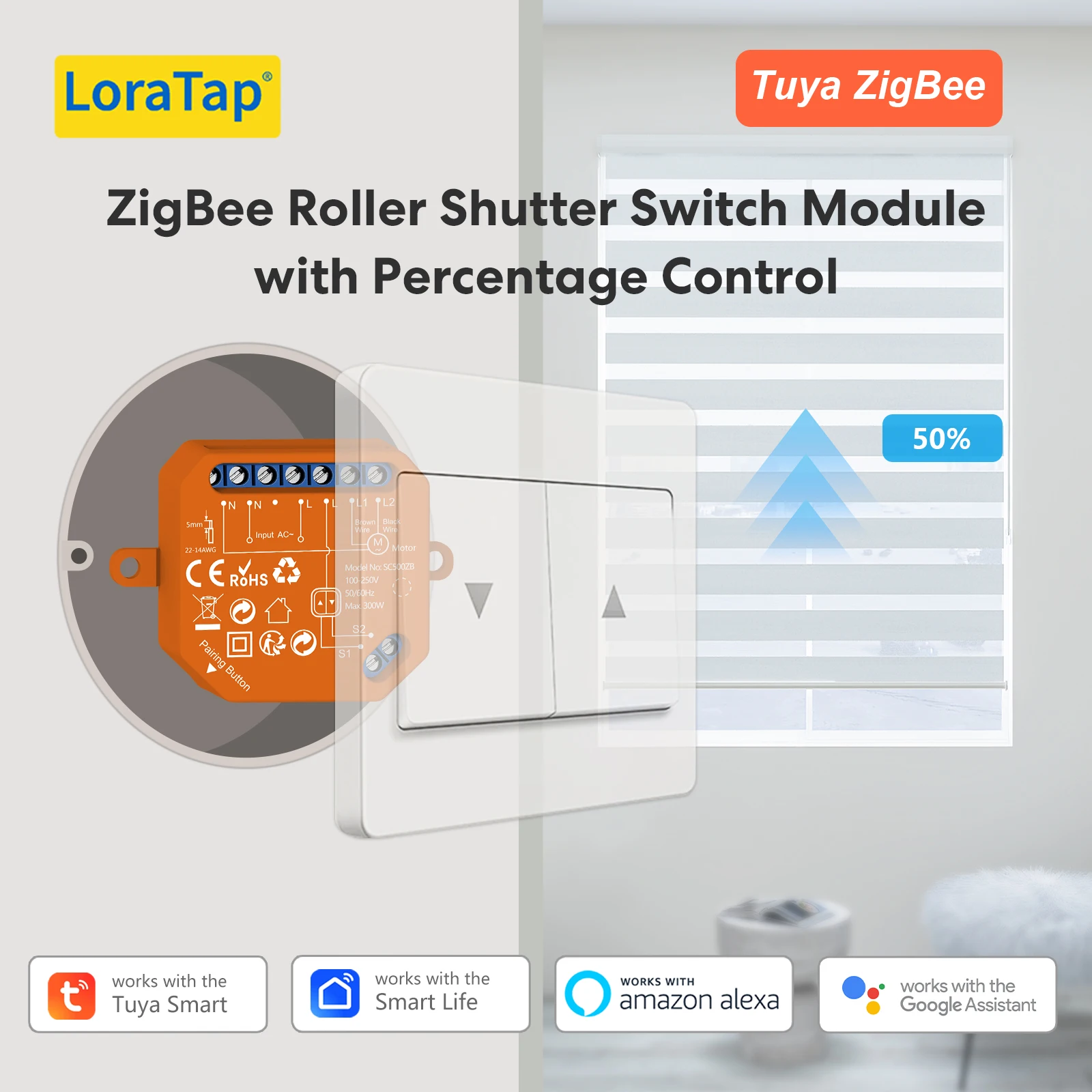 LoraTap ZigBee Blinds Sunshade Roller Shutter Switch Module For Motor Tuya Smart Life Percentage Control Timer Google Home Alexa