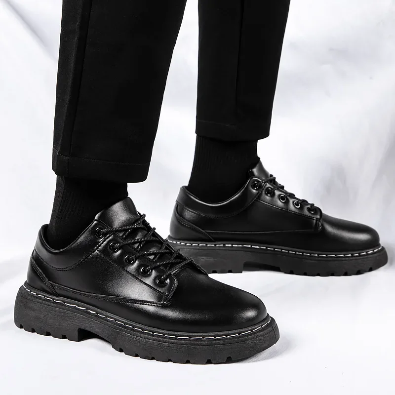 Business Black Leather Shoes Men Hong Kong Style Low-top Men Shoes Young Men Casual Shoes Fashion Shoes