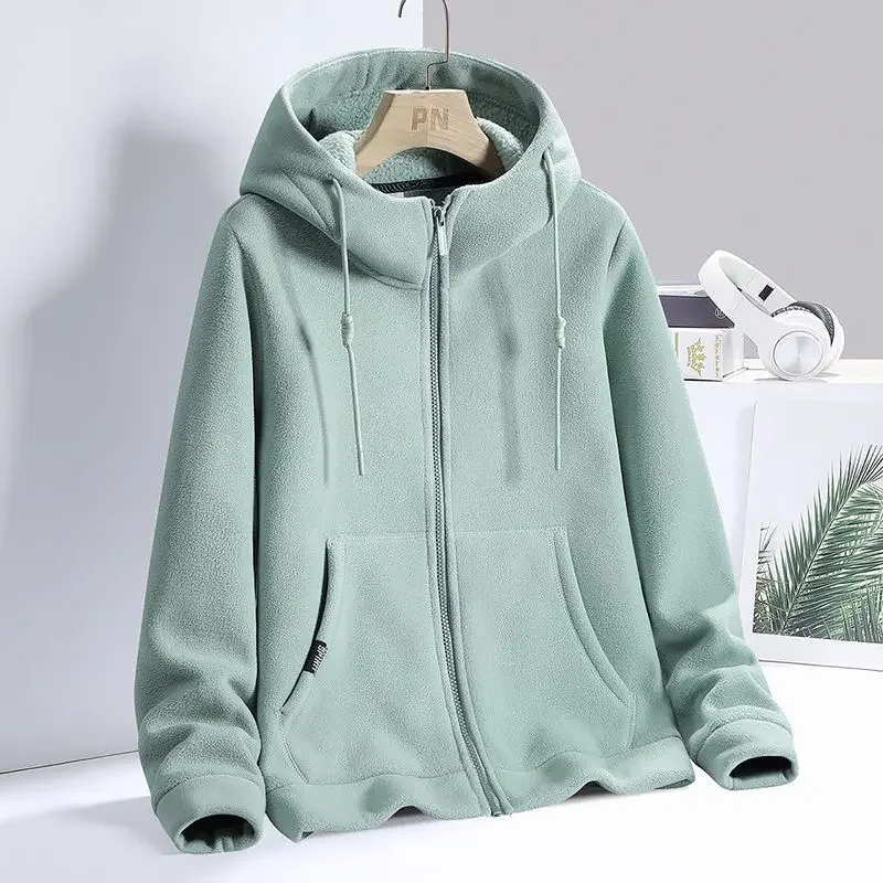 Sudaderas con capucha de lana de Cachemira lisa para mujer, chaqueta de otoño e invierno, transpirable, para caminar, cálido, con capucha, Top con cremallera, abrigo para mujer