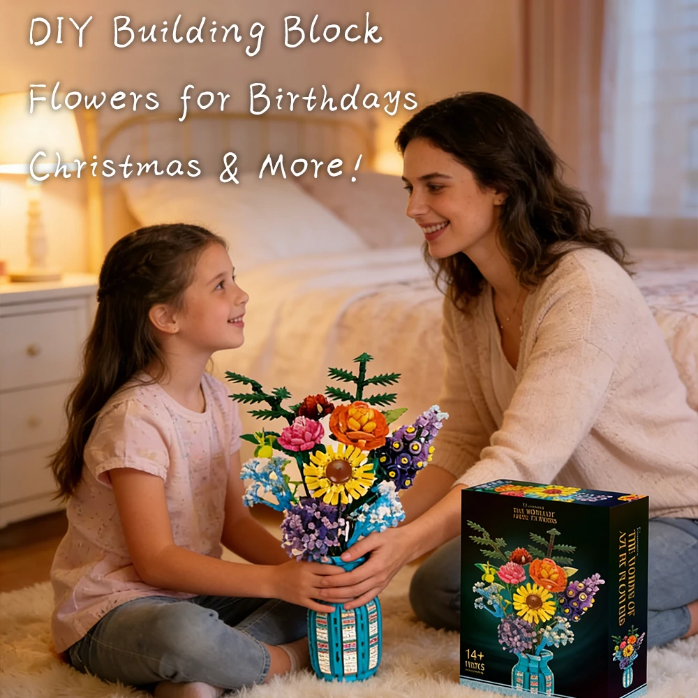 Conjunto de blocos de construção florais com vaso e caixa, várias flores, tijolo de brinquedo, buquê para crianças, presente, 1853 peças, kit de decoração de escritório doméstico diy
