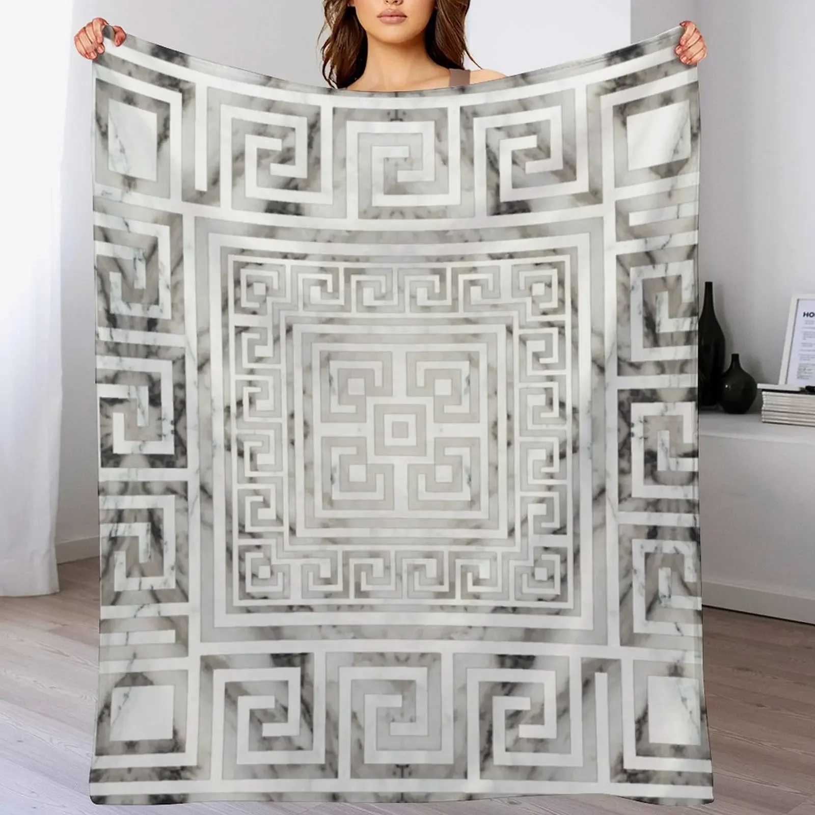 Greek Meander - Greek Key White Marble texures Throw Blanket Flannel Fabric Picnic Luxury Thicken Blankets