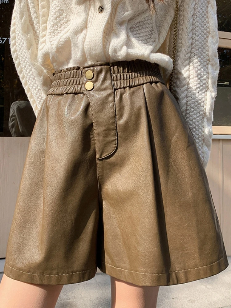 High Waist PU Leather Shorts Women Spring Autumn 2026 New plus Size Korean Style Loose Wide Leg Five-Quarter Pants Boot Pants