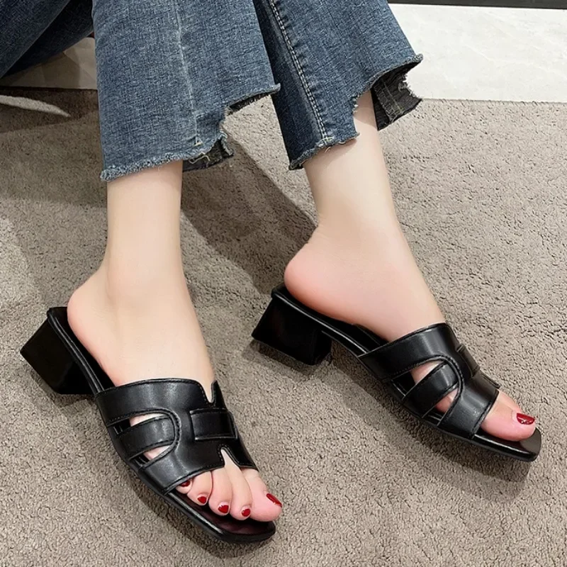 2024 New Thick Heels Casual Summer Slippers Elegant Women\'s Chaussure Femme