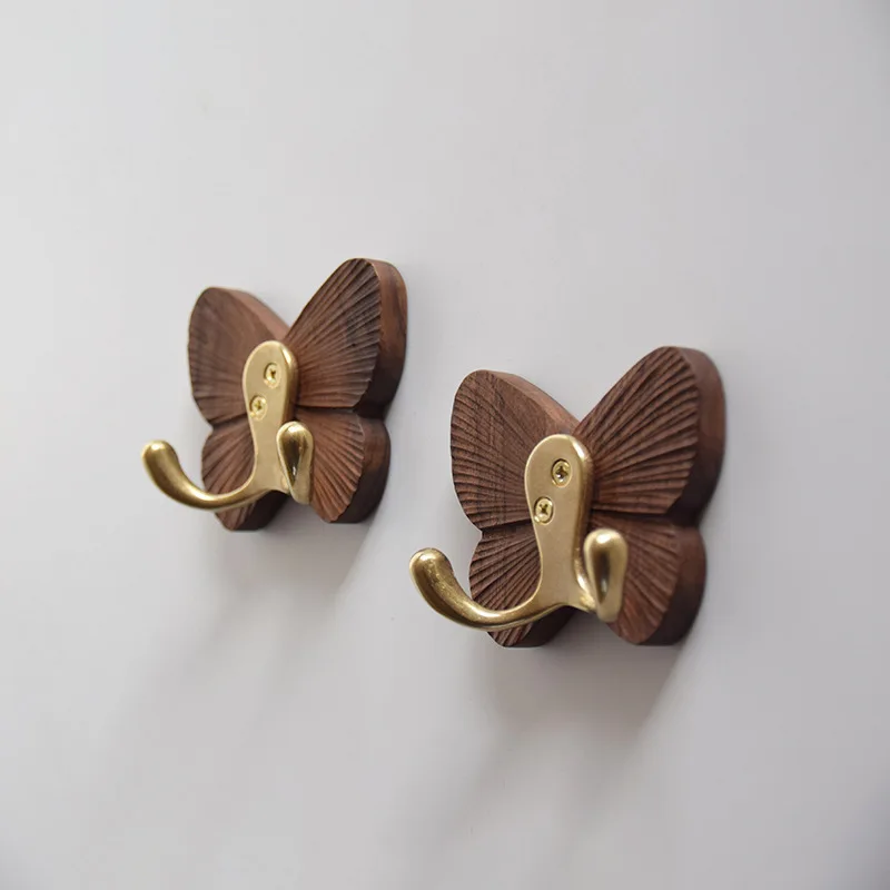 

Butterfly Shape Hooks Solid Wood Creative Black Walnut Traceless Adhesive Coat Hat Hanger Black Walnut Robe Clothes Hook